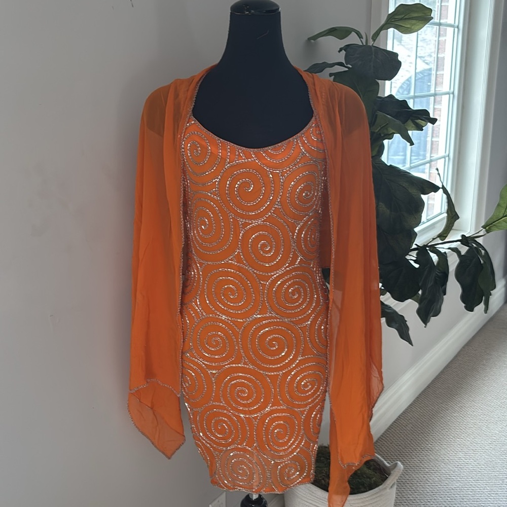 MORIGANA ORANGE SEQUIN DRESS AND SHAWL 100% SILK